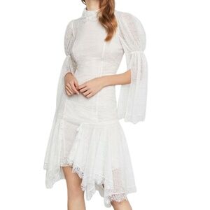 NWT‎ BCBGMAXAZRIA  ASYMMETRICAL LACE SLIT SLEEVE SHEATH DRESS OFF WHITE. Size 0